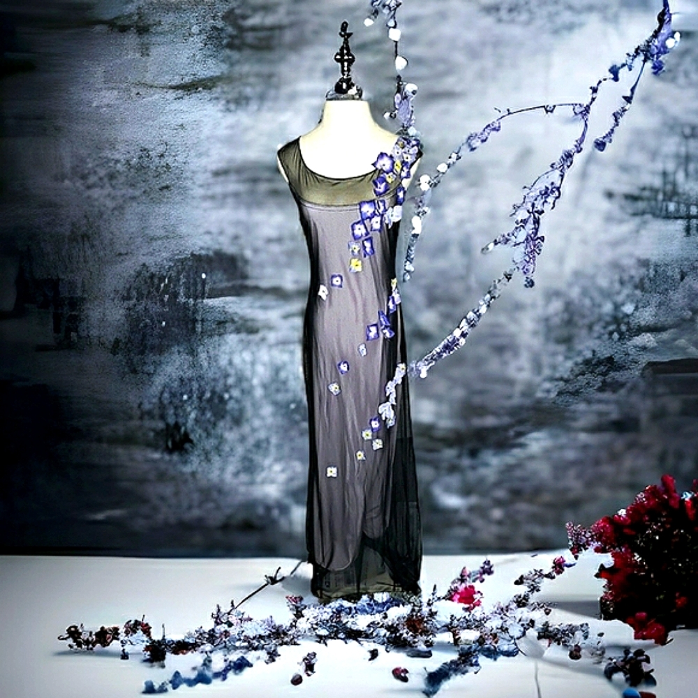 Tadashi for Cache Maxi Dress 90's Y2K Vtg Mesh Applique 3D Pansies Column Whims - Picture 5 of 17